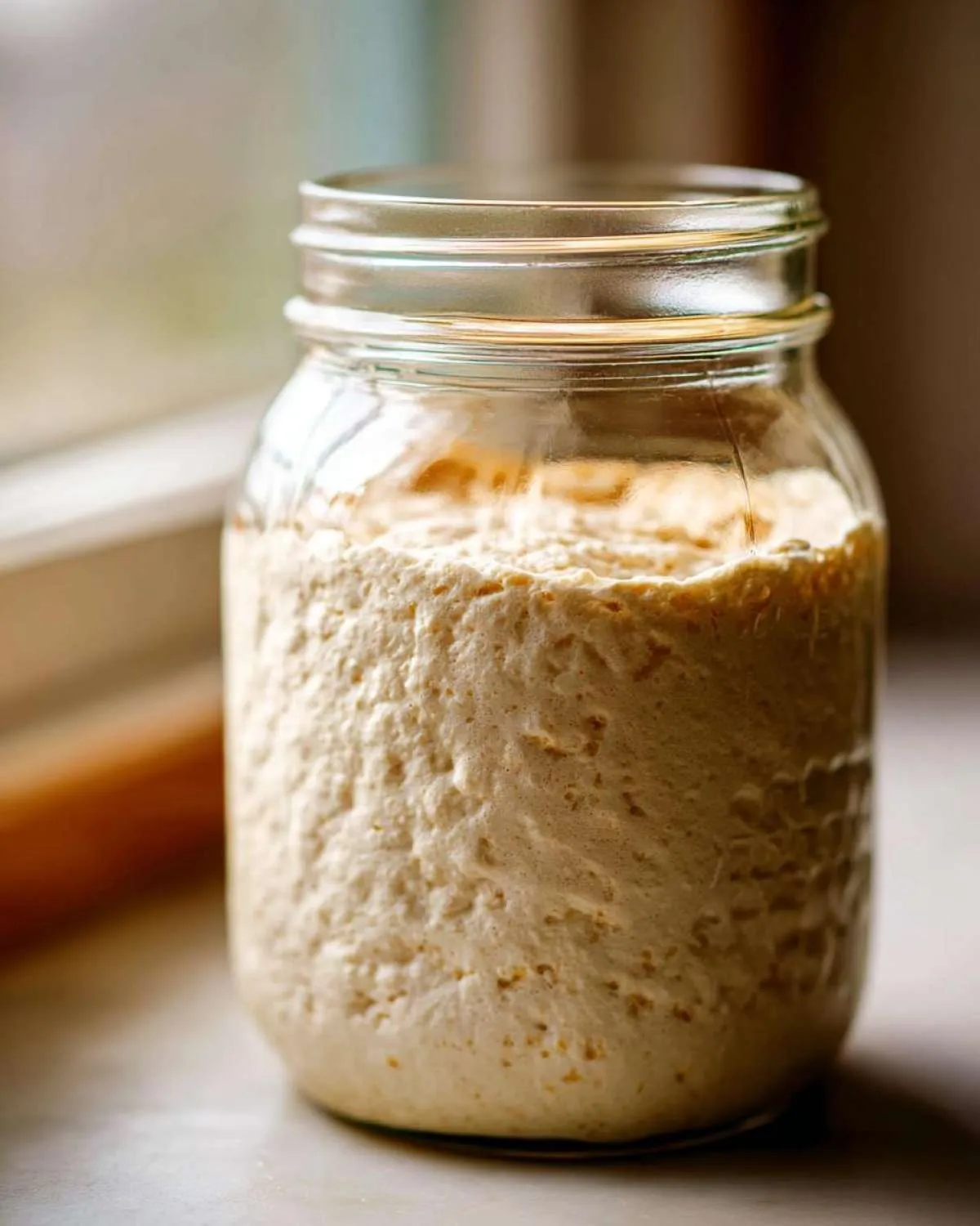 Close-up of a very active, bubbly sourdough starter filling a glass jar, showing significant rise.
