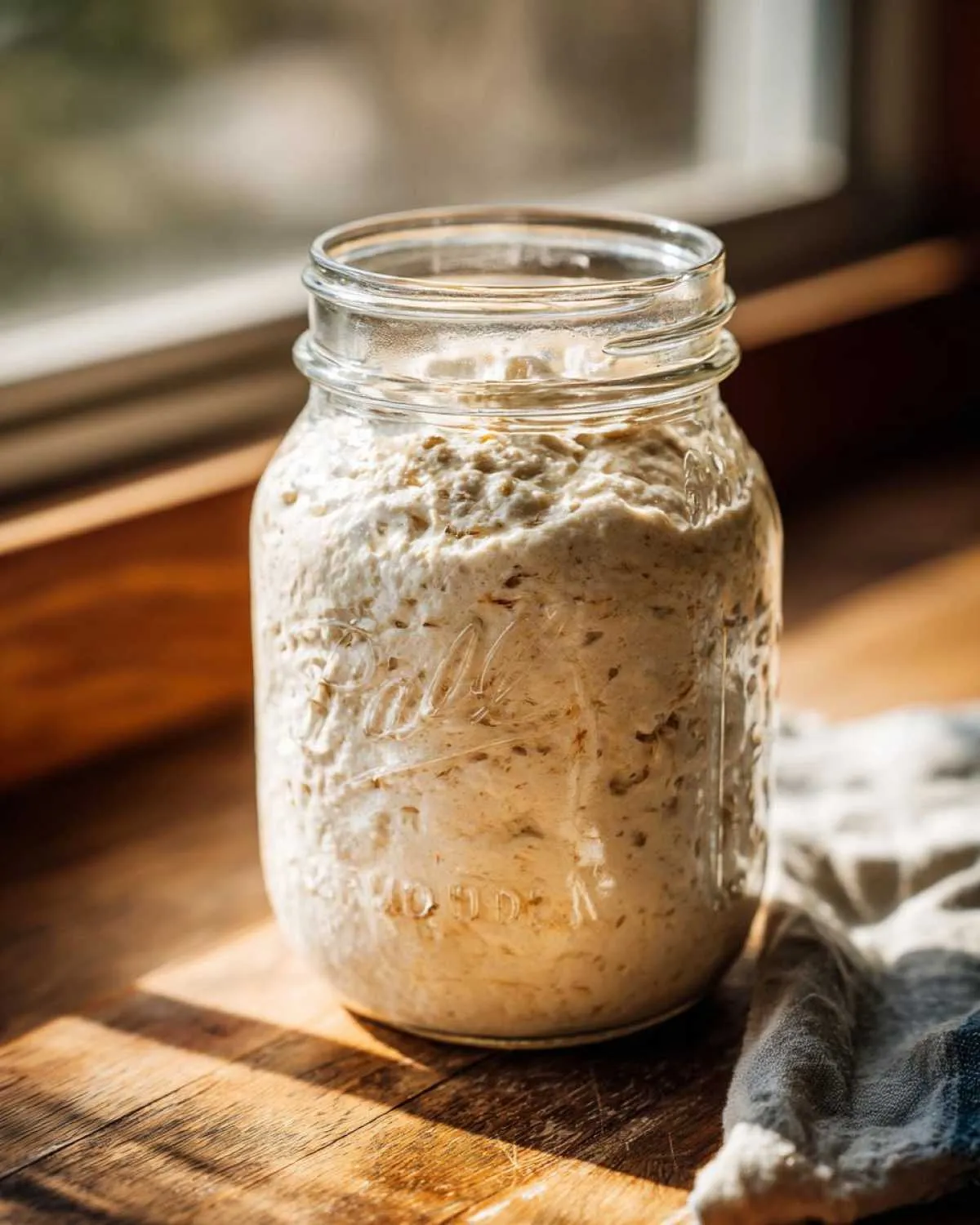 A bubbly, active sourdough starter filling a Ball mason jar, sitting on a sunlit wooden surface.