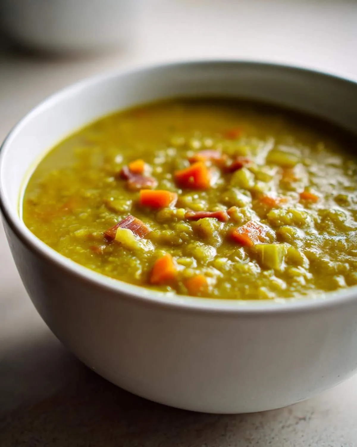 Close-up of a thick, green pea soup topped with diced carrots and ham pieces in a white bowl.