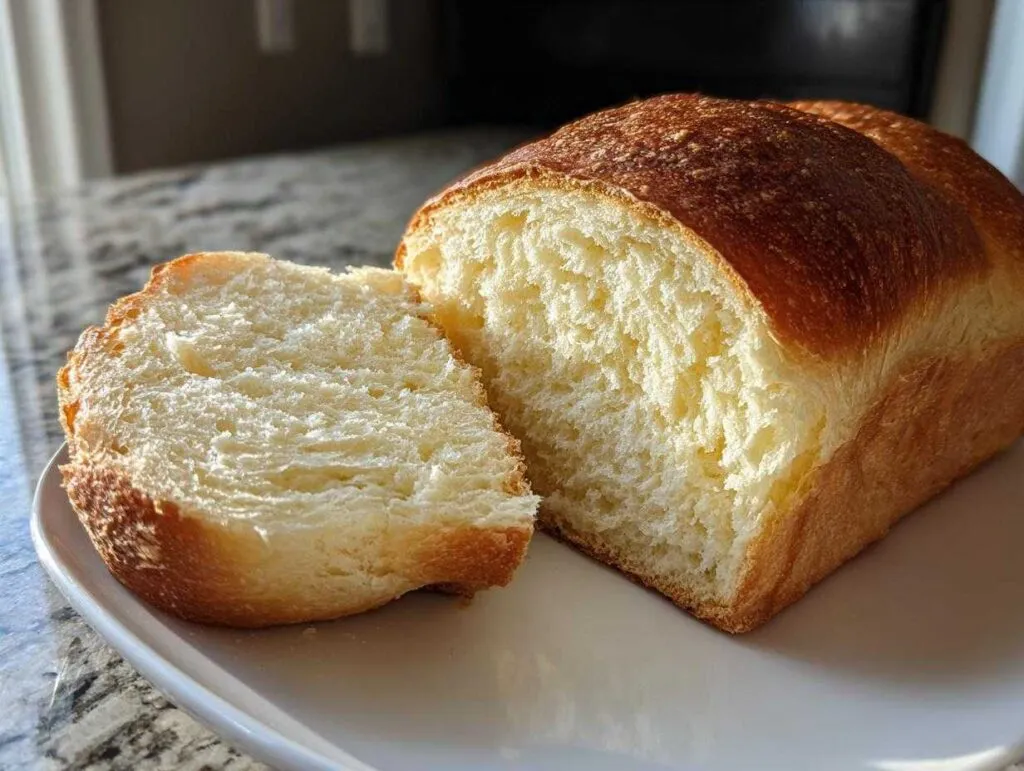 A freshly baked loaf of soft, white bread, with one thick slice cut and resting beside it, showcasing the fluffy interior.