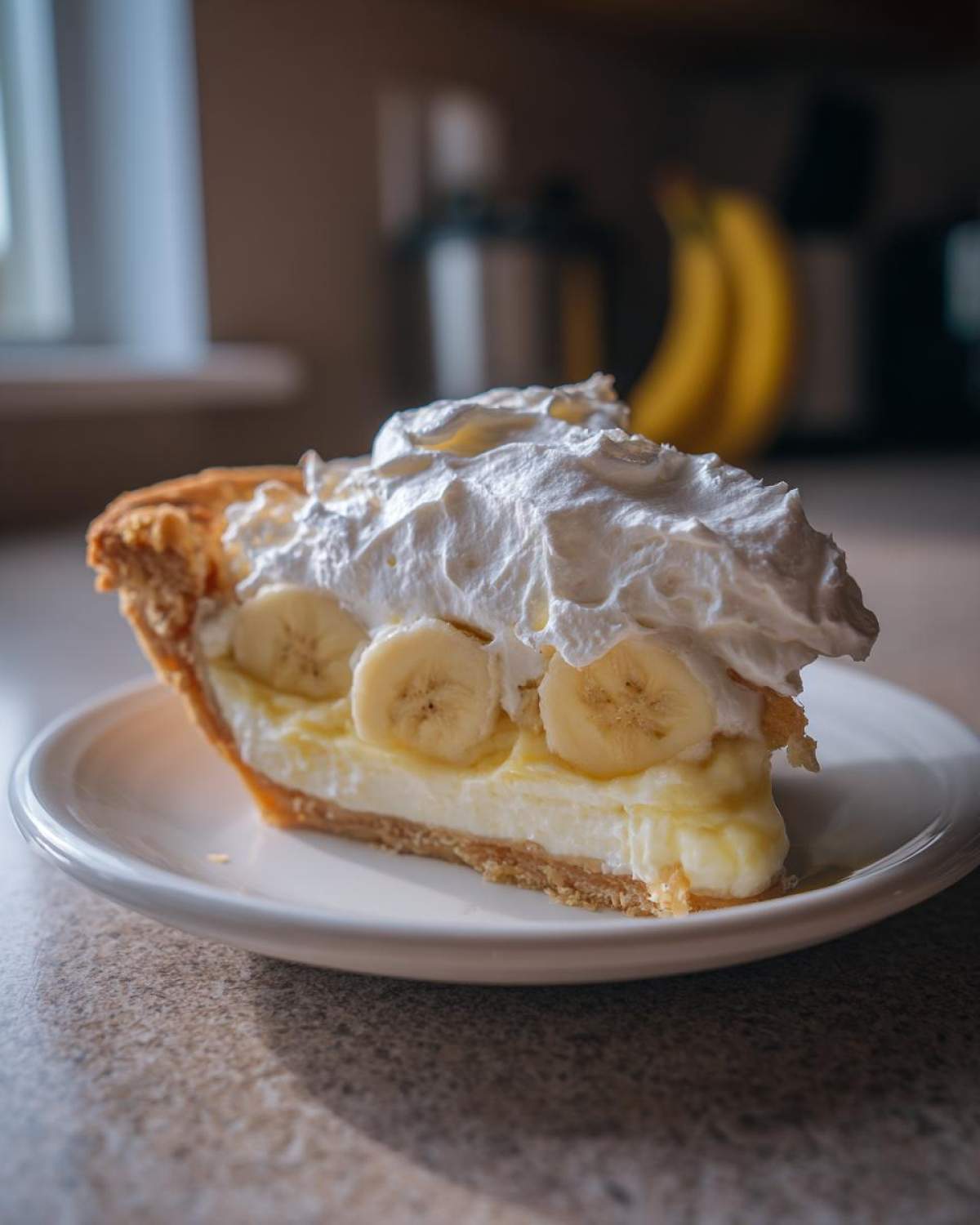 A tall slice of amazing banana cream pie with thick whipped cream topping and visible banana slices.