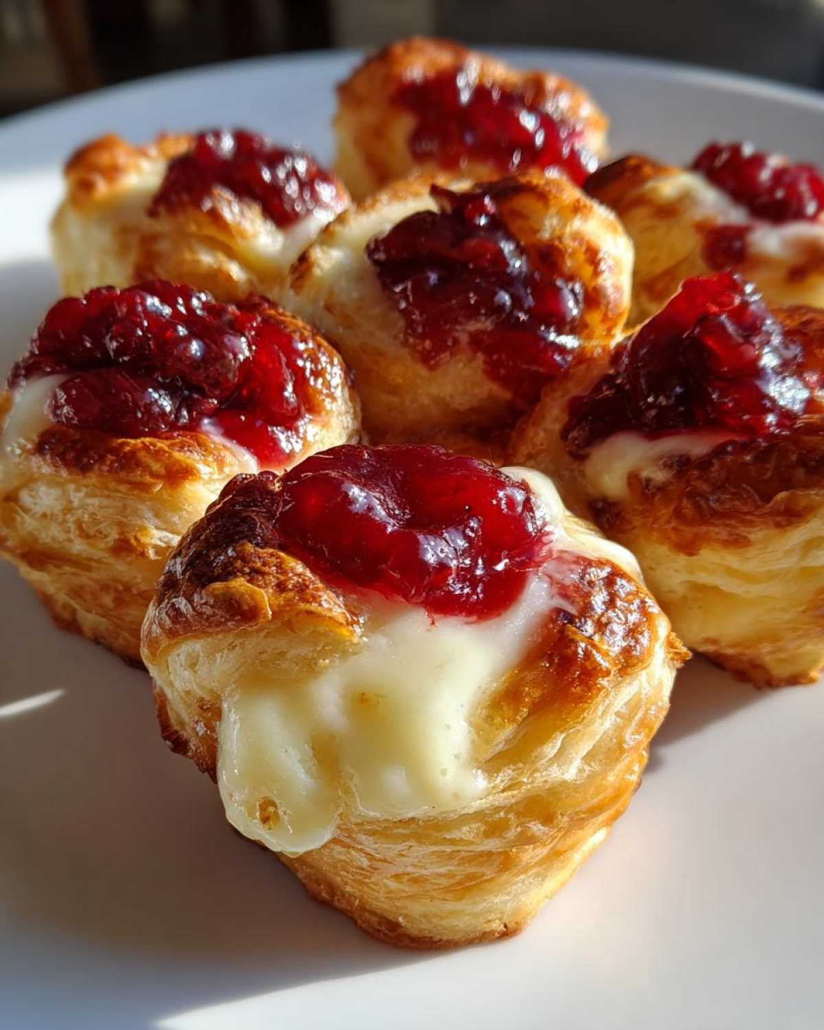 Close-up of golden baked brie bites made with puff pastry, melted brie, and a dollop of red jam.