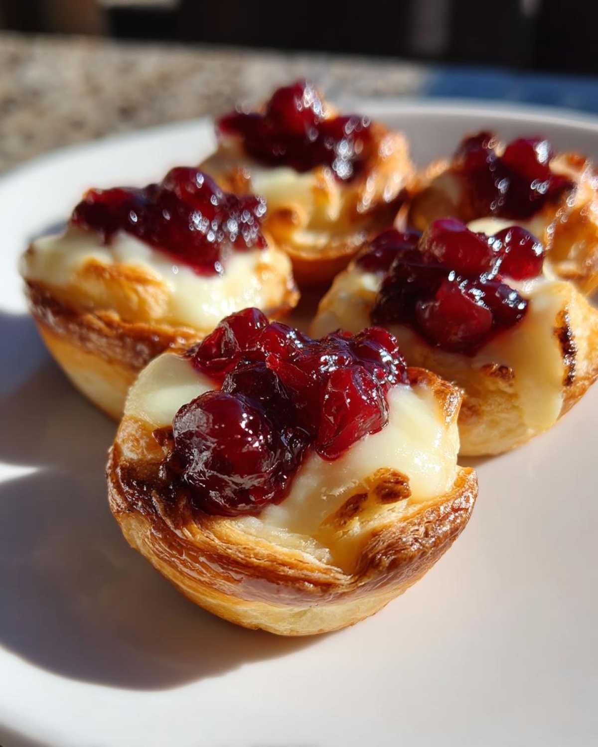 Four golden baked brie bites topped with melted brie and bright red cranberry sauce on a white plate.