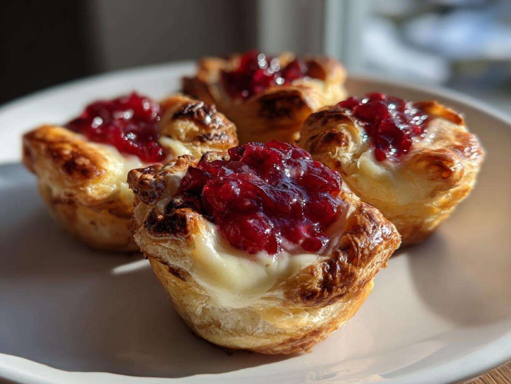Four golden baked brie bites made with flaky pastry, melted brie, and a dollop of bright red cranberry sauce.