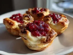 Four golden baked brie bites made with flaky pastry, melted brie, and a dollop of bright red cranberry sauce.