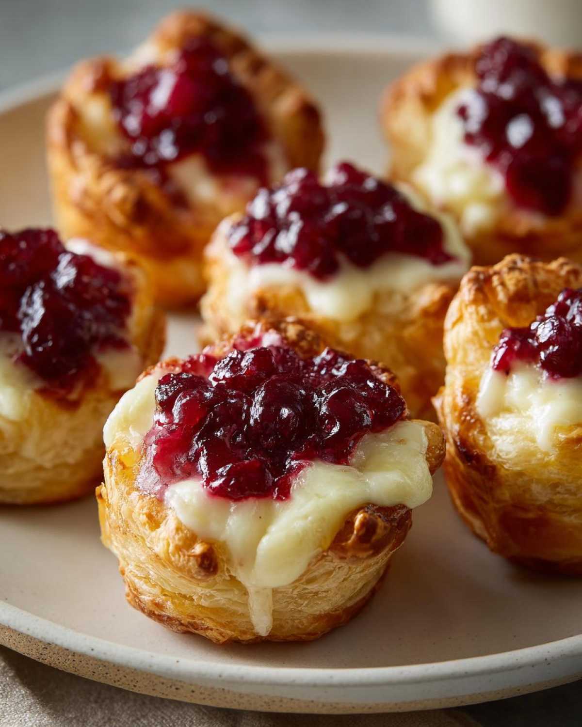 Close-up of warm brie bites made with flaky pastry, melted brie cheese, and a dollop of cranberry sauce.