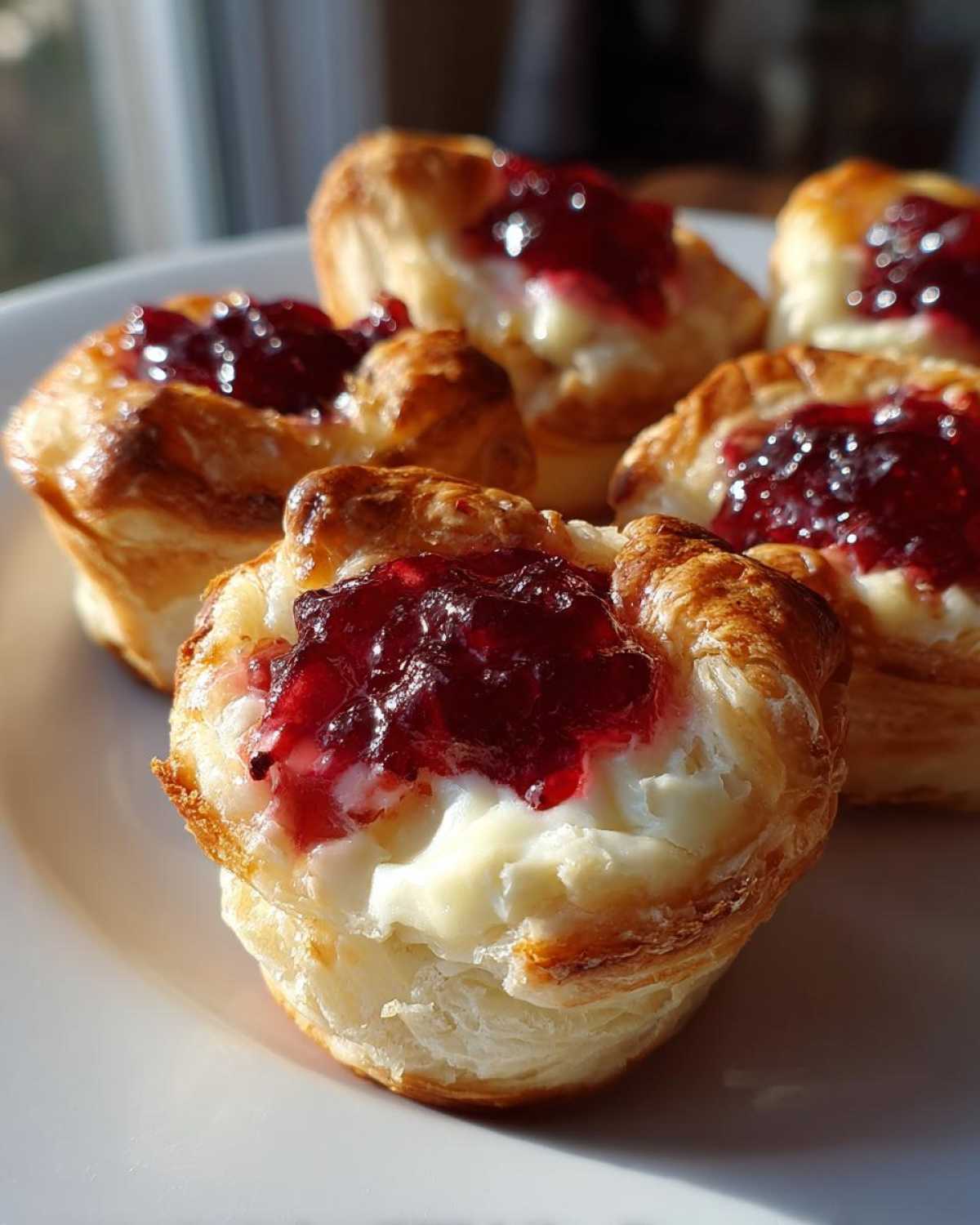 Close-up of freshly baked brie bites made with flaky pastry, creamy brie, and a dollop of red jam.