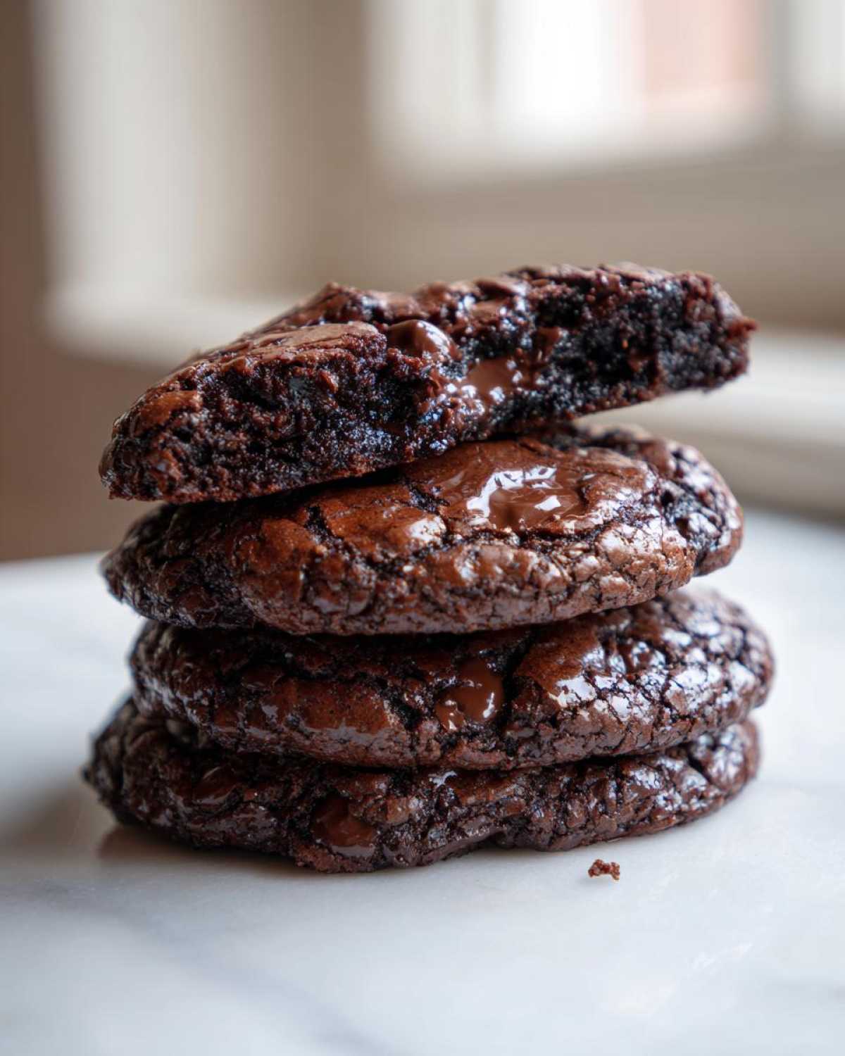 A stack of four fudgy brownie cookies, with the top cookie broken open to show the gooey interior and melted chocolate chips.