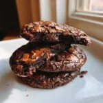 Close-up of three stacked, fudgy brownie cookies with shiny, cracked tops and visible melted chocolate chips.