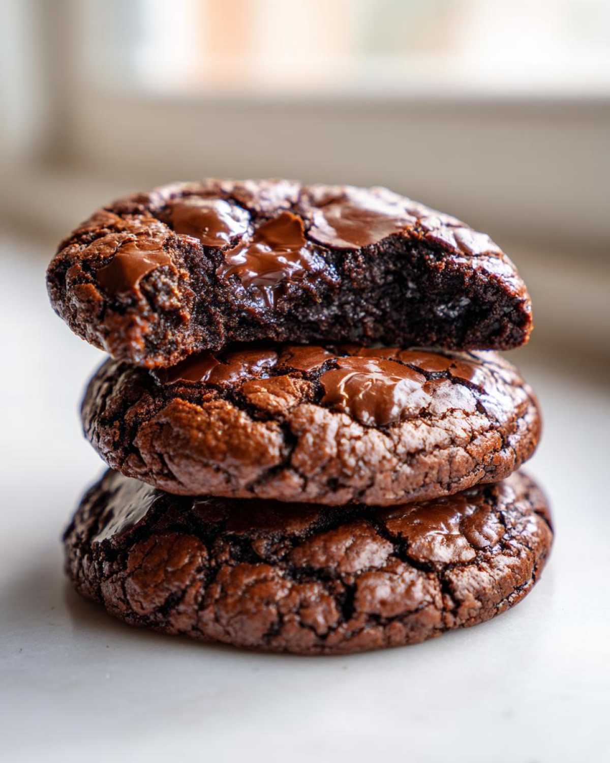 A stack of three rich, dark chocolate brownie cookies, with the top one bitten to show a gooey center.