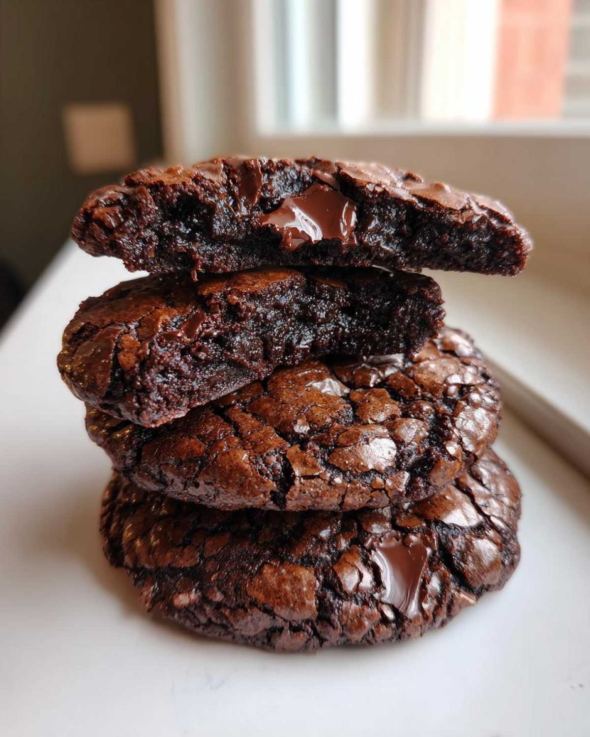 A stack of four rich, dark brownie cookies, with the top one broken open to show the gooey center and melted chocolate chips.