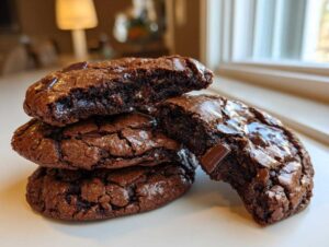Close-up of a stack of rich, dark brownie cookies, one broken open to show the fudgy interior and melted chocolate chips.