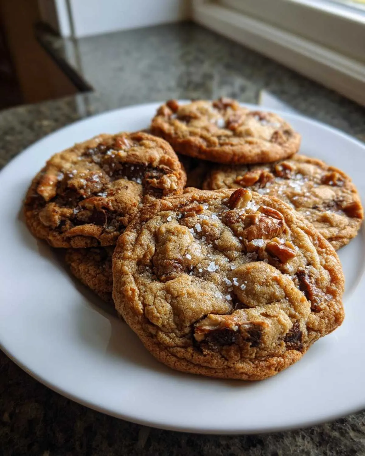 A plate of warm, chewy butter pecan cookies topped with flaky sea salt and visible pecan pieces.