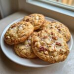 A stack of golden brown butter pecan cookies topped with chopped pecans and flaky sea salt.