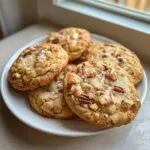 A stack of golden brown butter pecan cookies topped with chopped pecans and flaky sea salt.