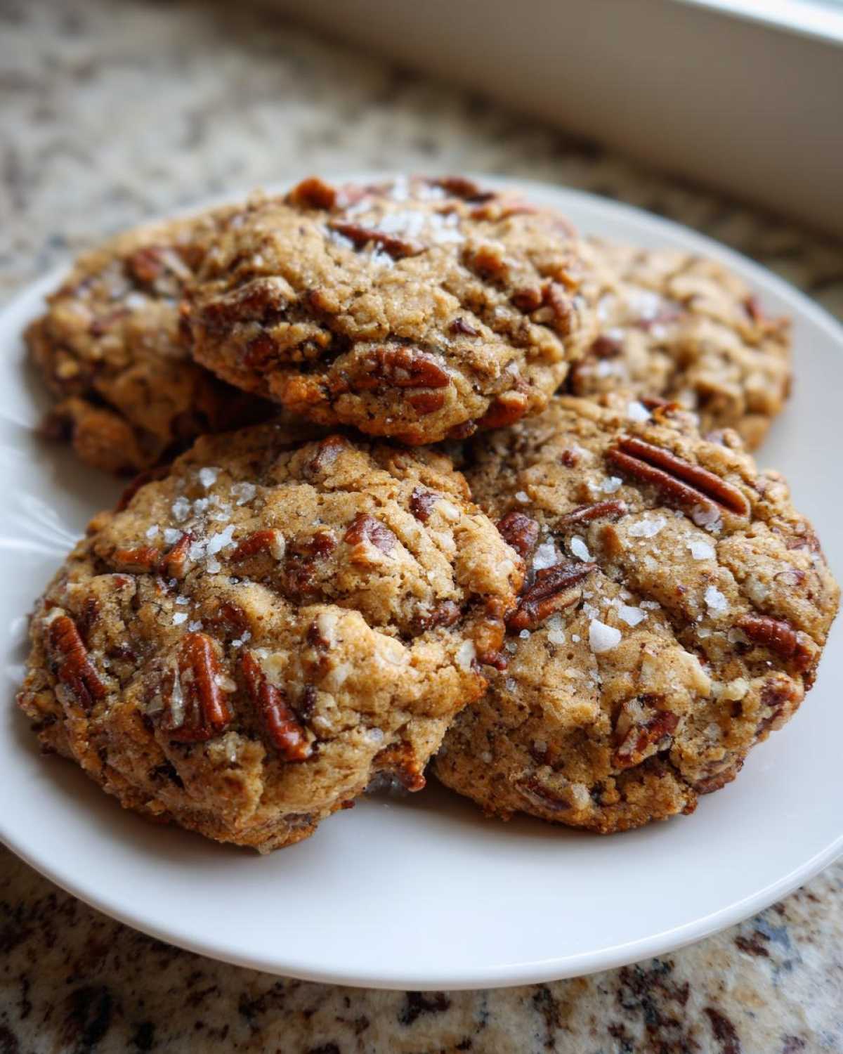 A stack of freshly baked butter pecan cookies topped with flaky sea salt on a white plate.