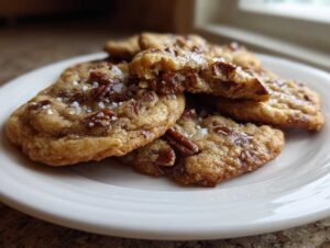 A stack of freshly baked butter pecan cookies sprinkled with flaky sea salt on a white plate.