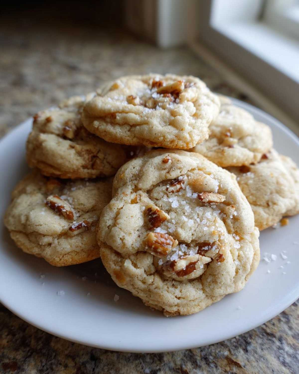 A stack of soft, chewy butter pecan cookies topped with chopped pecans and flaky sea salt.