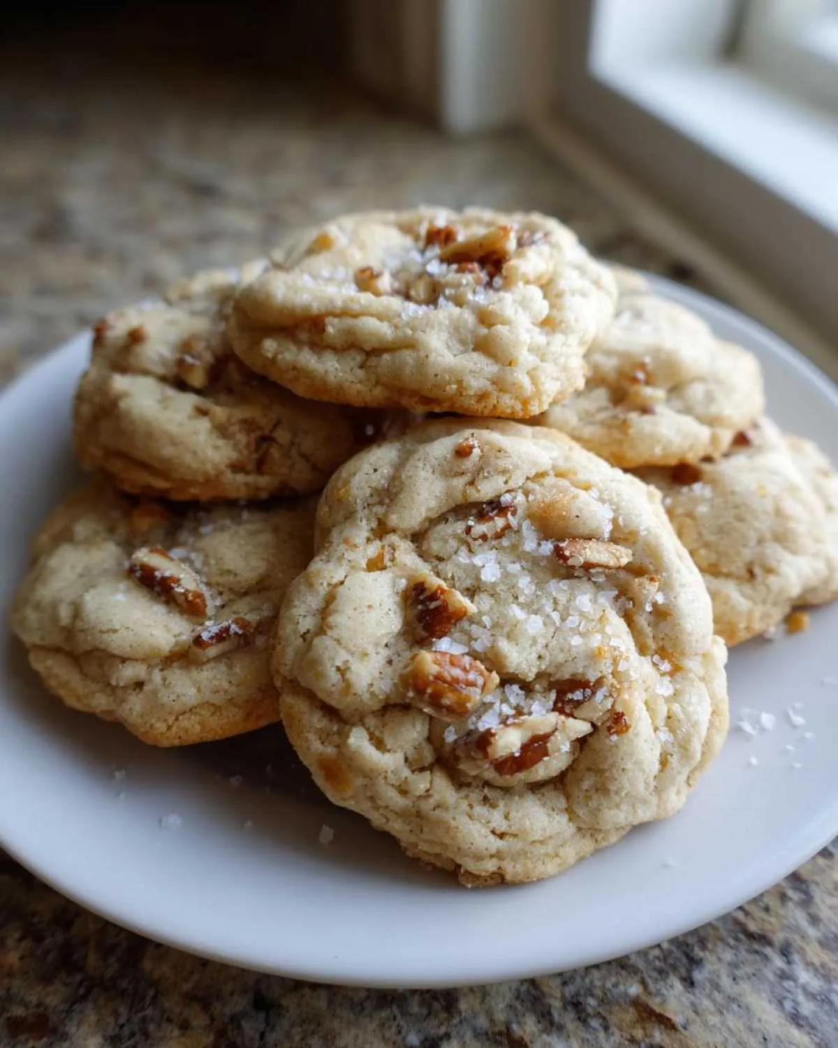 A stack of soft, chewy butter pecan cookies topped with chopped pecans and flaky sea salt.