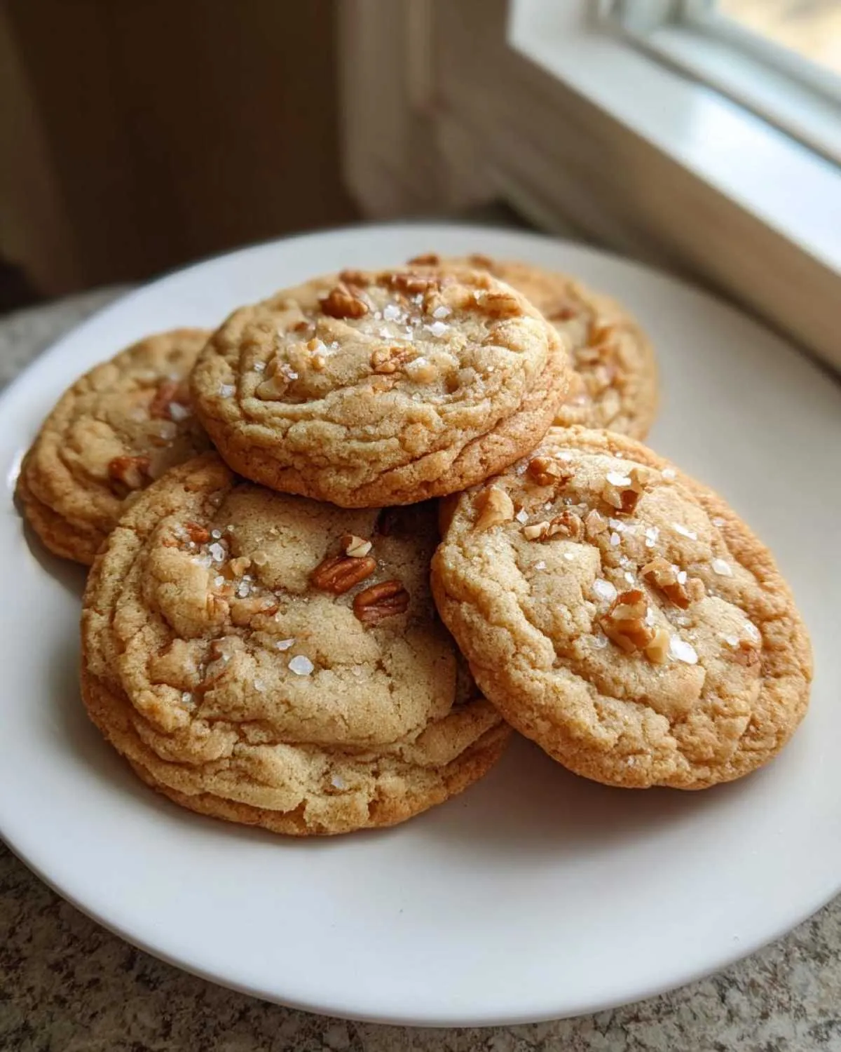 A stack of five freshly baked butter pecan cookies sprinkled with flaky sea salt on a white plate.