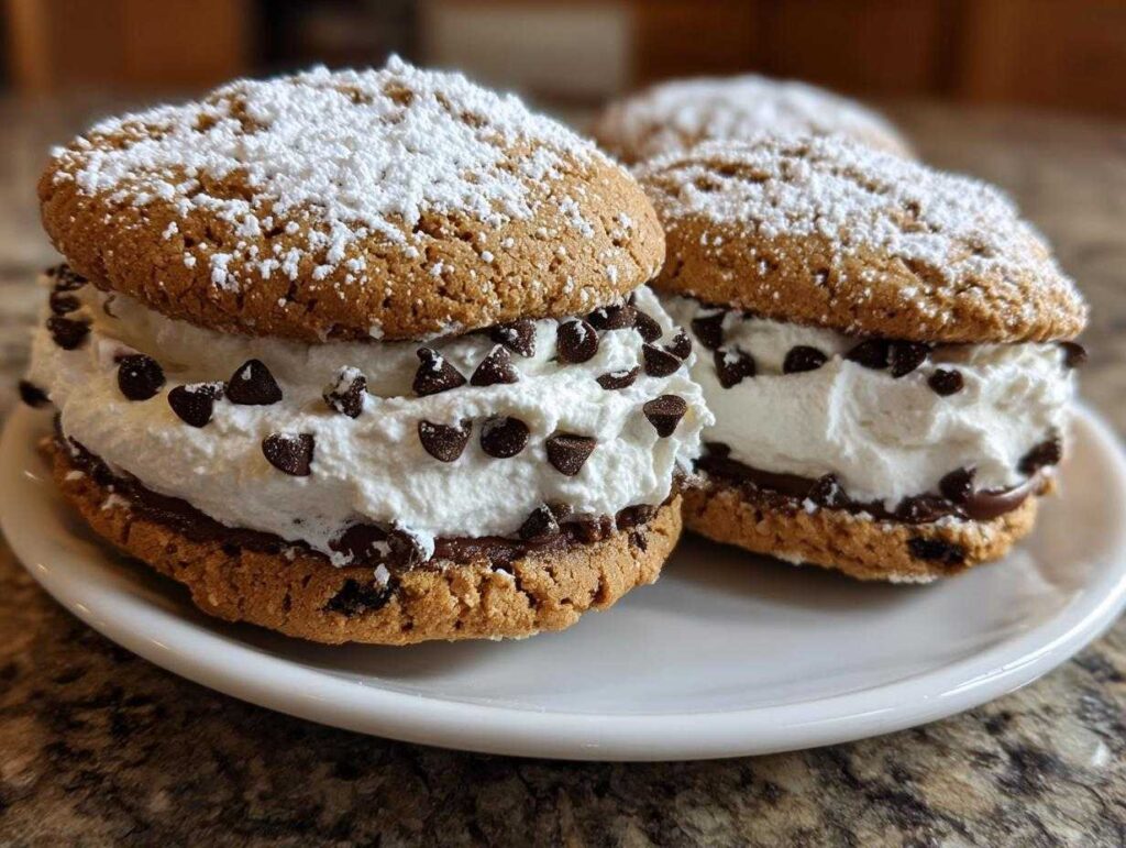 Two delicious cannoli cookies filled with whipped cream, mini chocolate chips, and powdered sugar.