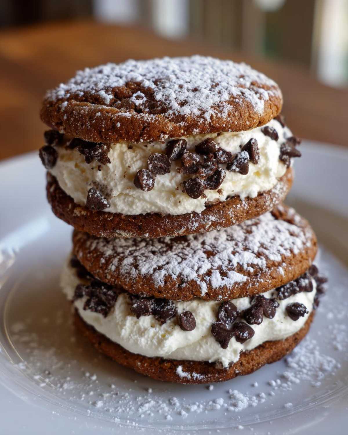 Two stacked amazing cannoli cookies filled with cream and mini chocolate chips, dusted with powdered sugar.
