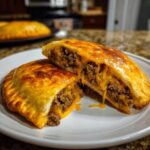 A golden-brown cheeseburger pocket cut in half, showing a gooey, melted cheese and ground beef filling.