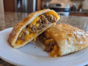 Two halves of a golden-brown baked cheeseburger pockets showing ground beef and melted cheddar cheese filling.