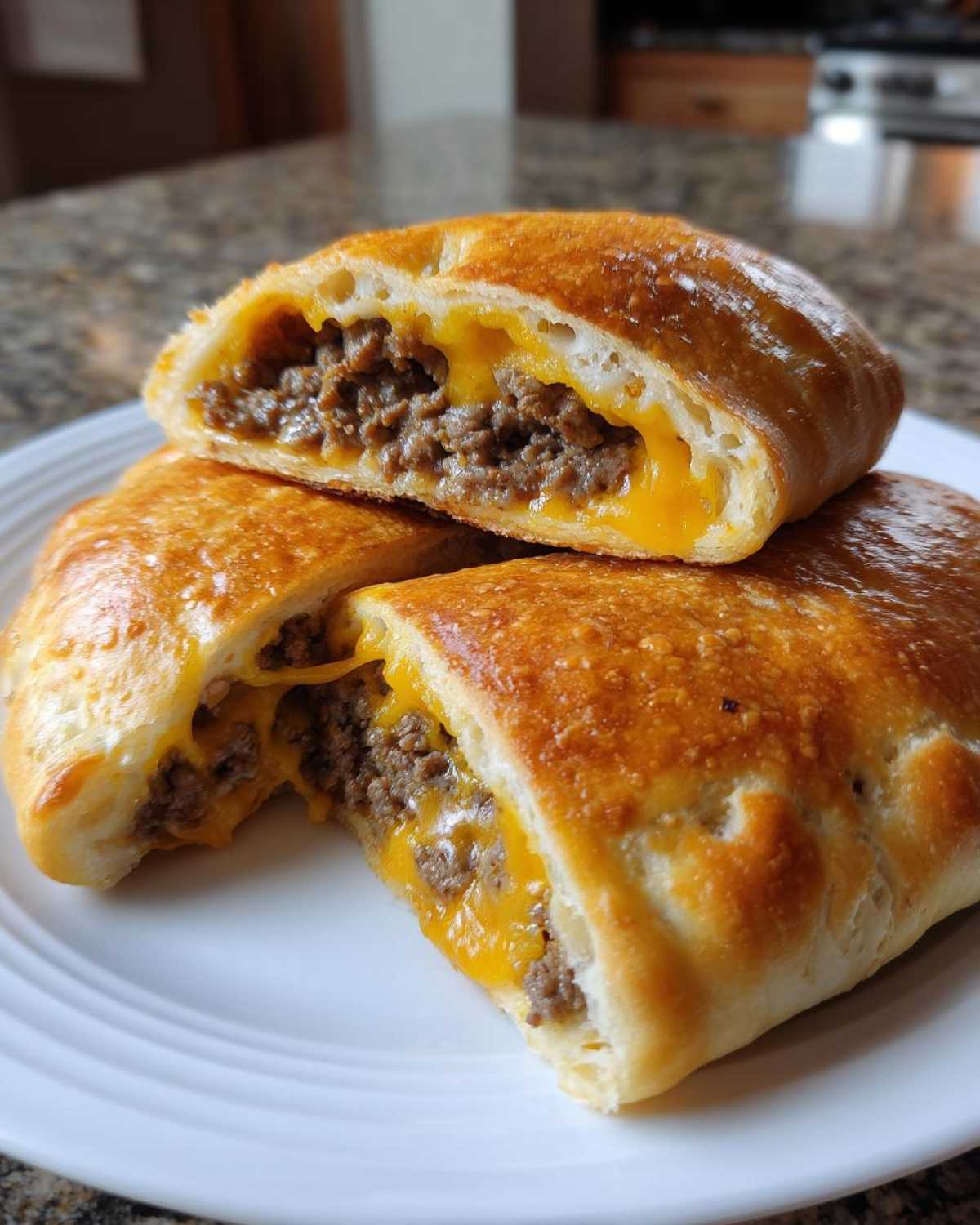 Close-up of amazing cheeseburger pockets cut in half, revealing ground beef and melted cheddar cheese filling.