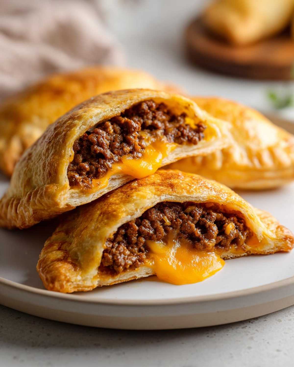 Close-up of two halves of a baked cheeseburger pocket, showing seasoned ground beef and melted cheddar cheese oozing out.