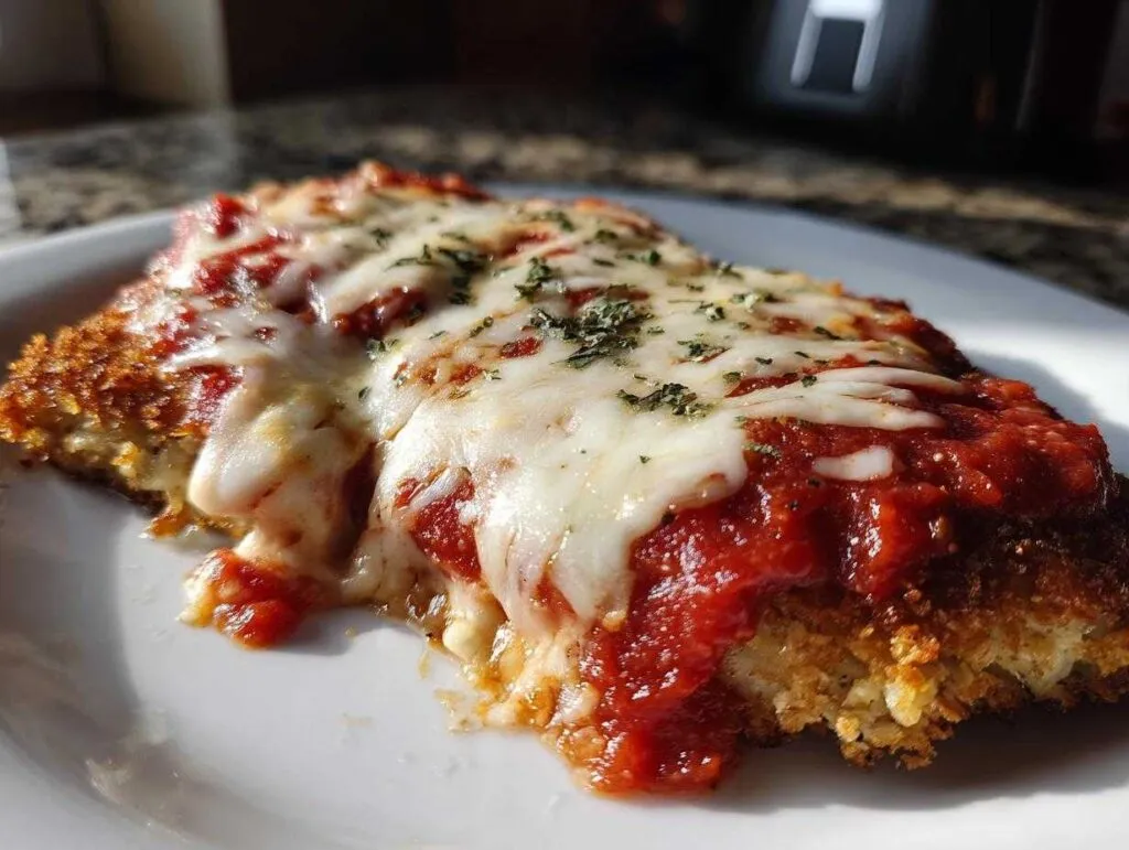 Close-up of a breaded chicken parmesan recipe serving topped with melted mozzarella and marinara sauce.