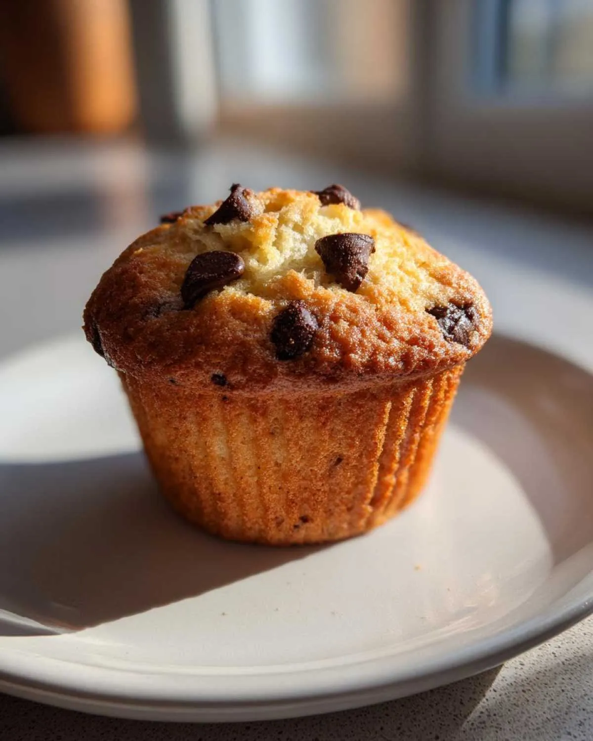 A single, golden-brown chocolate chip muffin sitting on a light plate, highlighted by bright sunlight.
