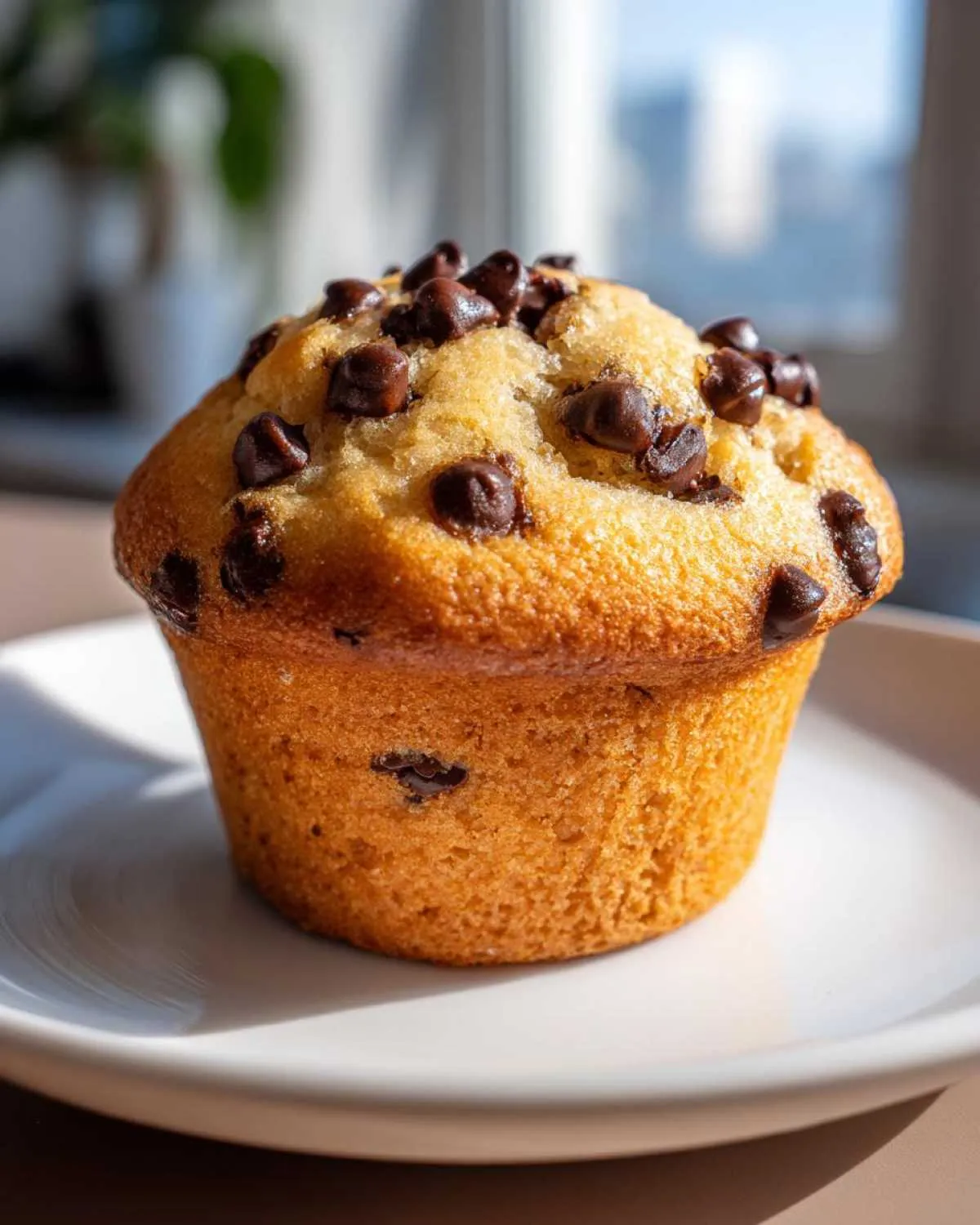 A golden brown, freshly baked chocolate chip muffin sitting on a white plate, loaded with melted chocolate chips.