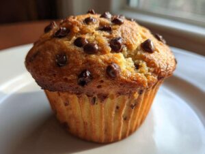 A close-up photo of a golden brown chocolate chip muffin sitting on a white plate.