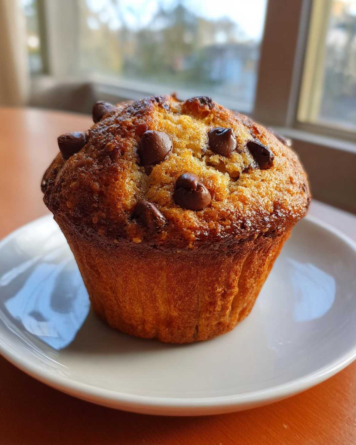 A golden brown, freshly baked chocolate chip muffin sitting on a small white plate.
