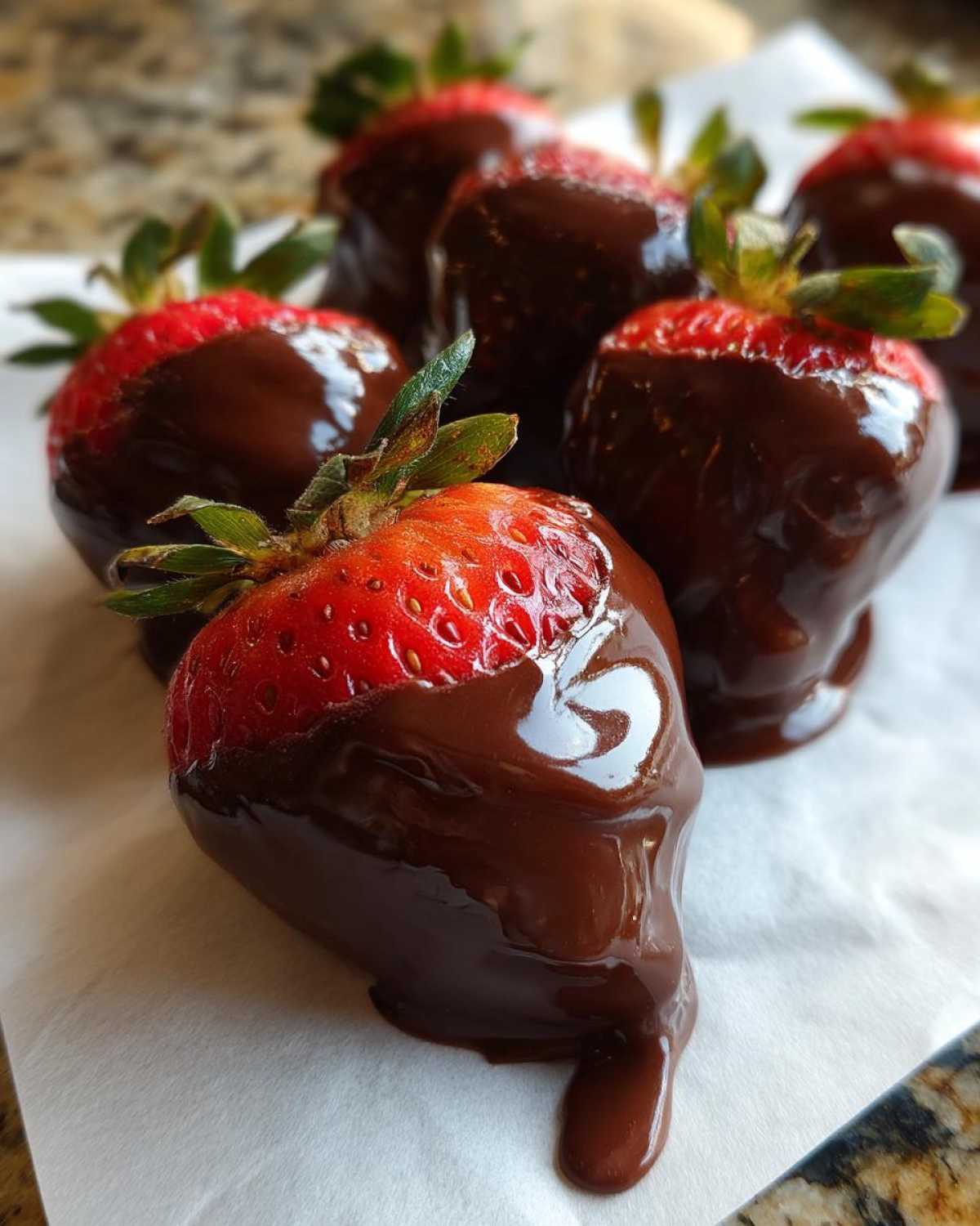 Close-up of fresh chocolate covered strawberries cooling on white parchment paper.