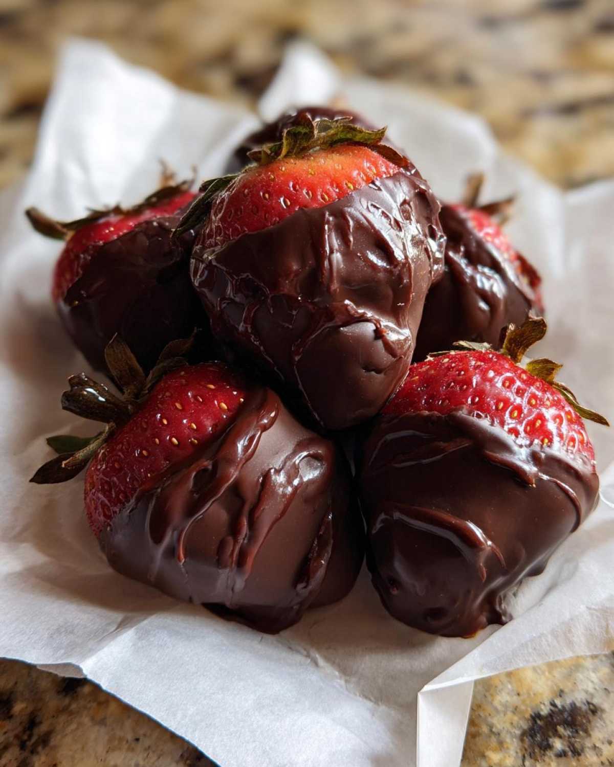 A pile of fresh chocolate covered strawberries resting on white parchment paper.