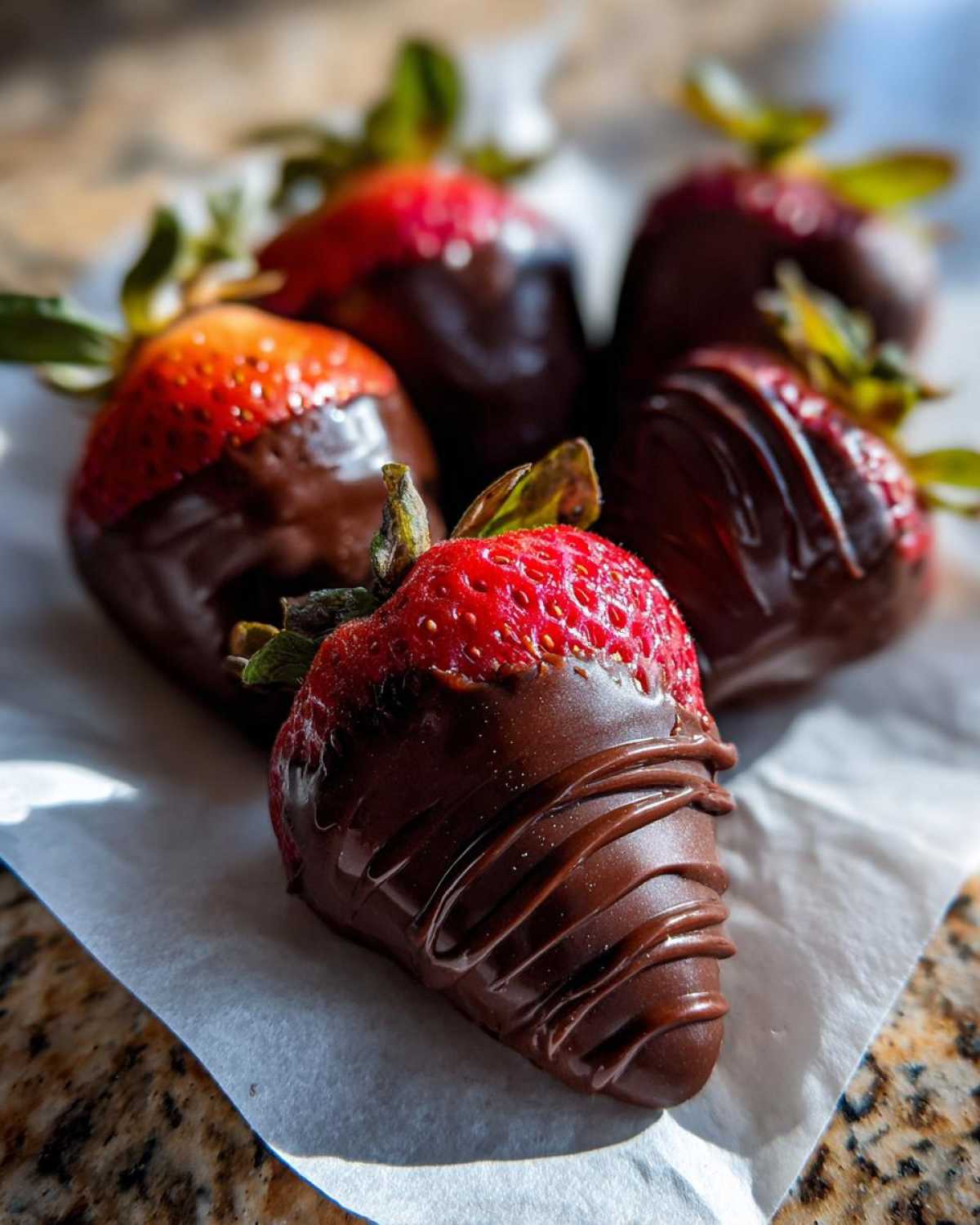 Close-up of fresh chocolate covered strawberries, one drizzled with extra chocolate.
