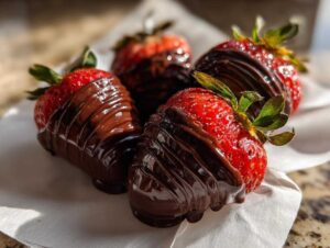 Close-up of four fresh chocolate covered strawberries with a dark chocolate drizzle resting on white paper.