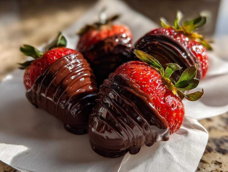 Close-up of four fresh chocolate covered strawberries with a dark chocolate drizzle resting on white paper.