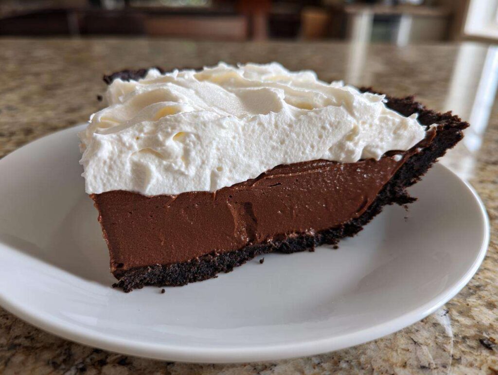 A decadent slice of chocolate cream pie featuring a dark chocolate crust, rich filling, and thick whipped topping.
