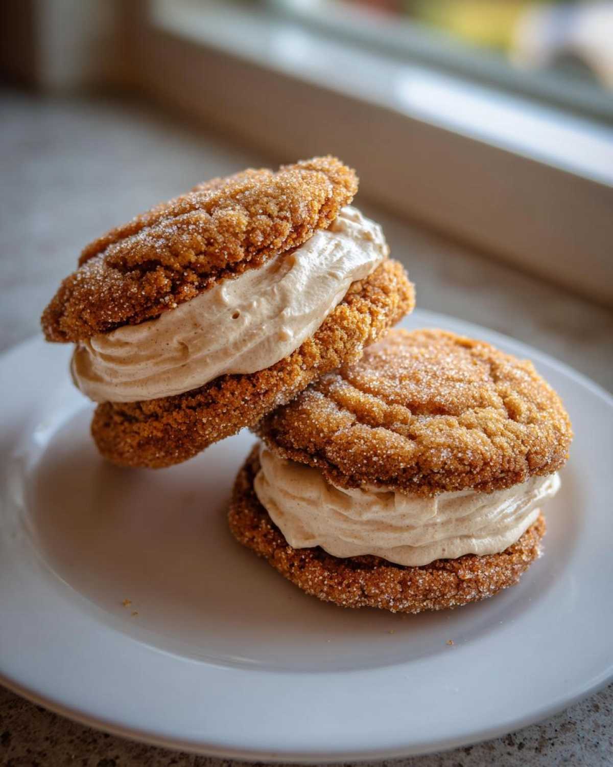 Two delicious churro cookies sandwiched with a thick layer of cinnamon cream filling, resting on a white plate.