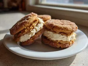Two sandwich-style churro cookies filled with creamy frosting and caramel, dusted with cinnamon sugar.