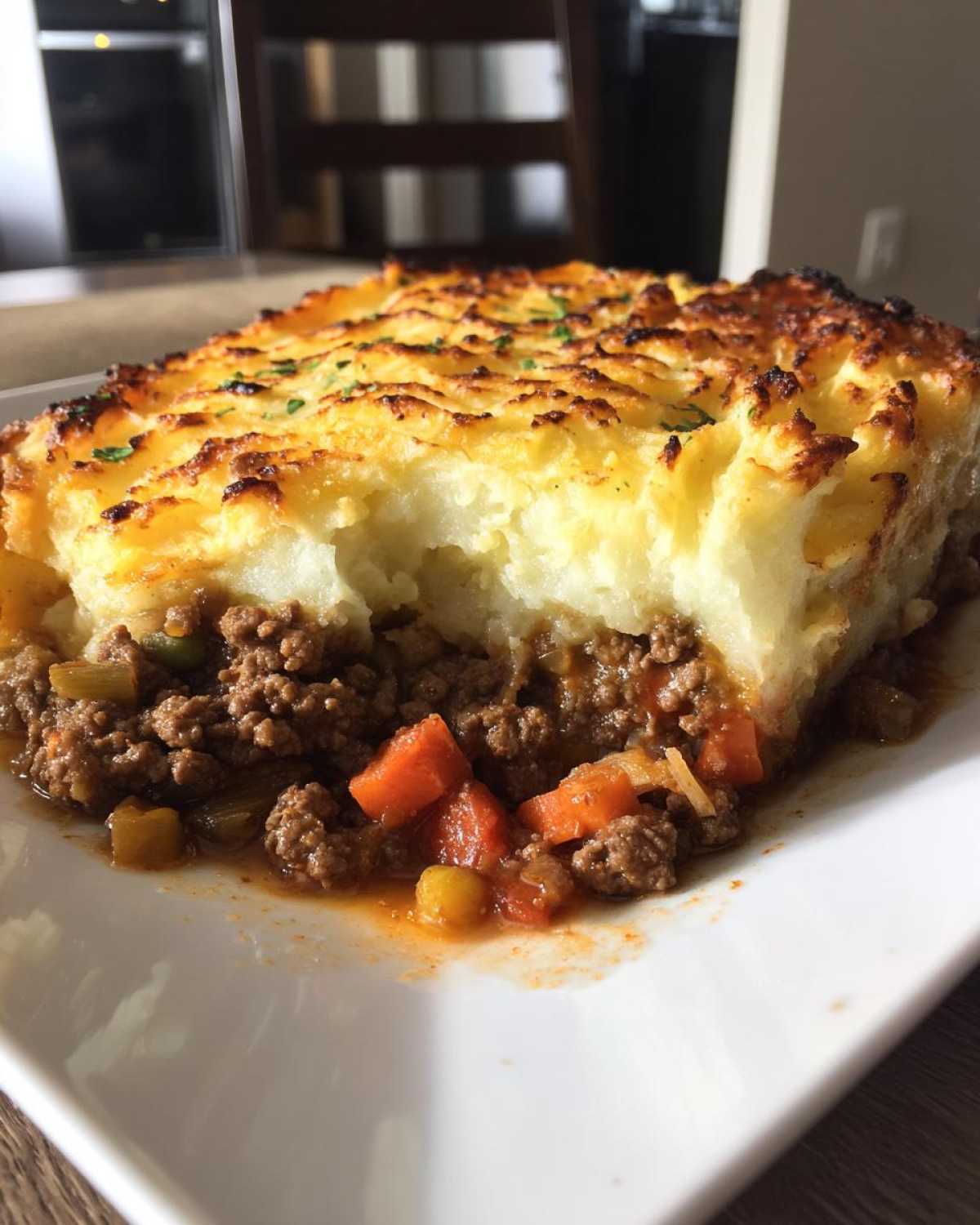 A hearty serving of cottage pie recipe showing the browned mashed potato topping and rich beef and vegetable filling.
