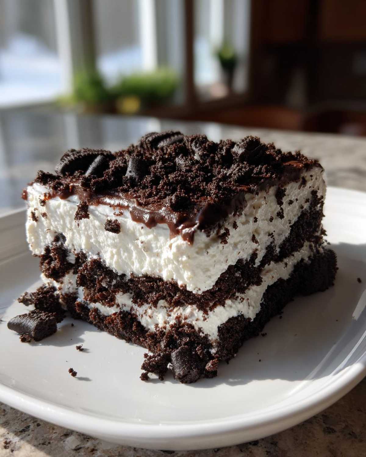 A square slice of layered dirt cake featuring dark chocolate cookie crumbs and white cream filling, topped with chocolate sauce.