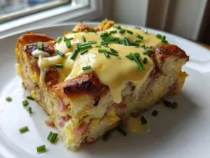 A square slice of amazing eggs benedict casserole topped with rich hollandaise sauce and fresh chives.