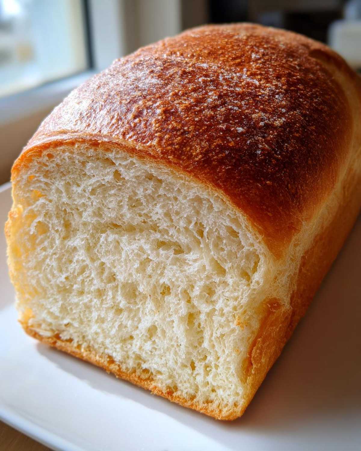 A close-up view of a freshly baked loaf of white bread, showing the soft, airy crumb and golden-brown crust.