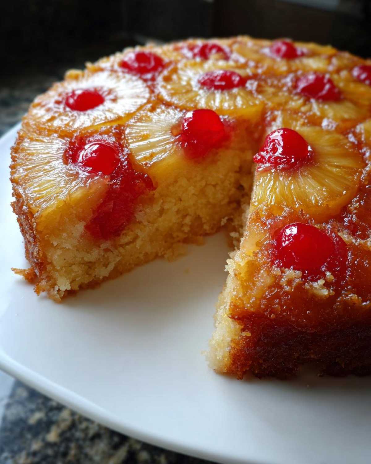 Close-up of a moist pineapple upside down cake with a slice cut out, showing the caramelized topping.