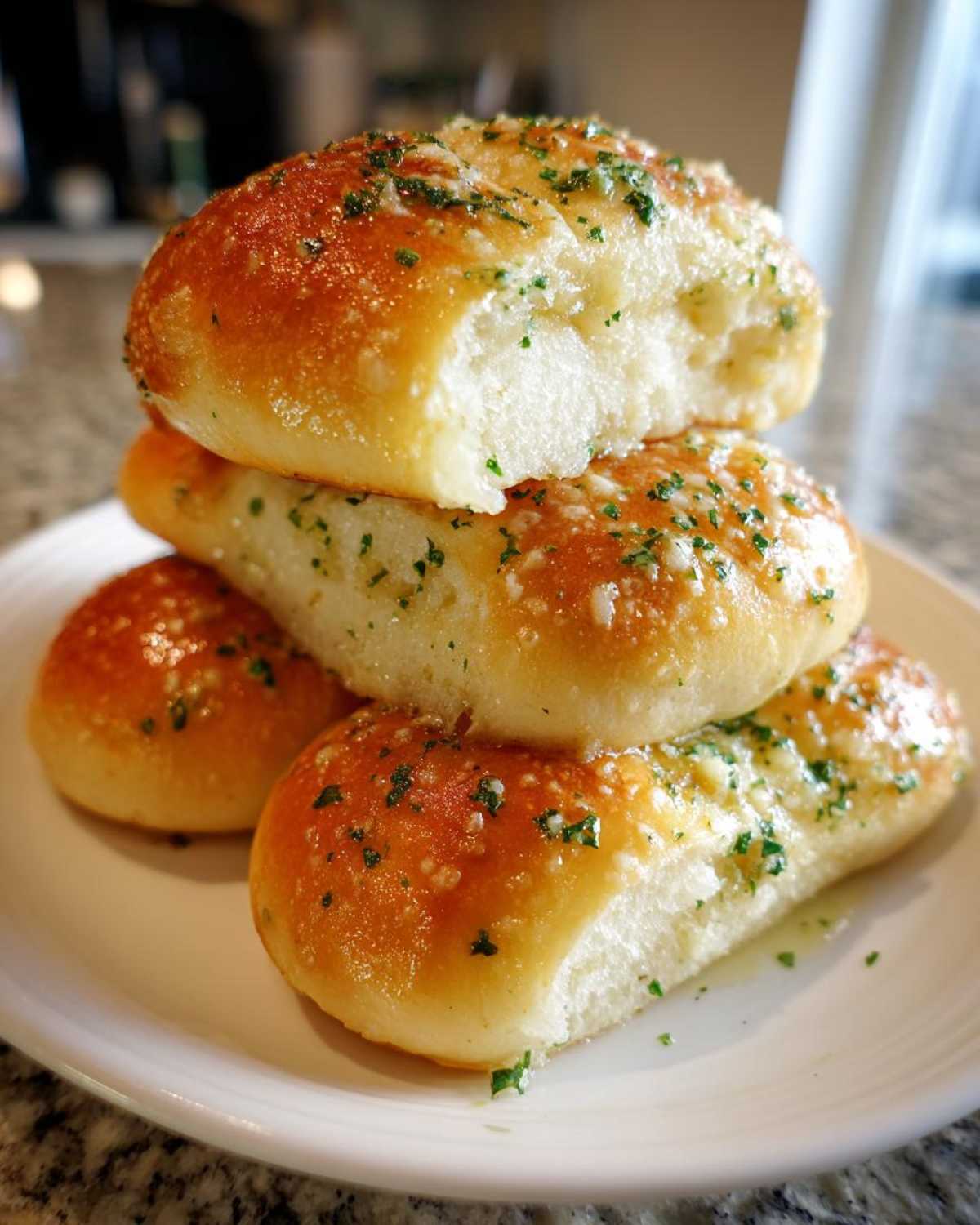Close-up of soft, golden-brown breadsticks brushed with garlic butter and parsley, stacked on a white plate.