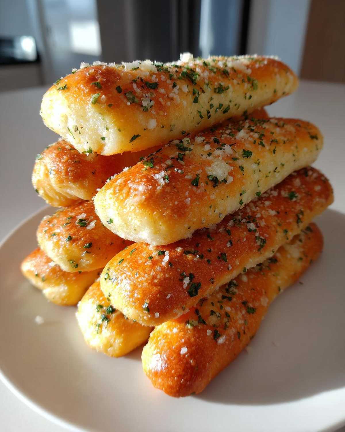A stack of golden brown, soft breadsticks topped with melted butter, garlic, Parmesan cheese, and parsley.
